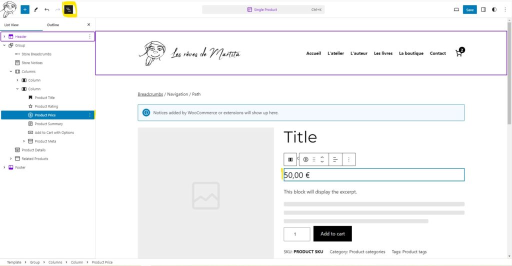 Editer les blocs de la page produit de Woocommerce